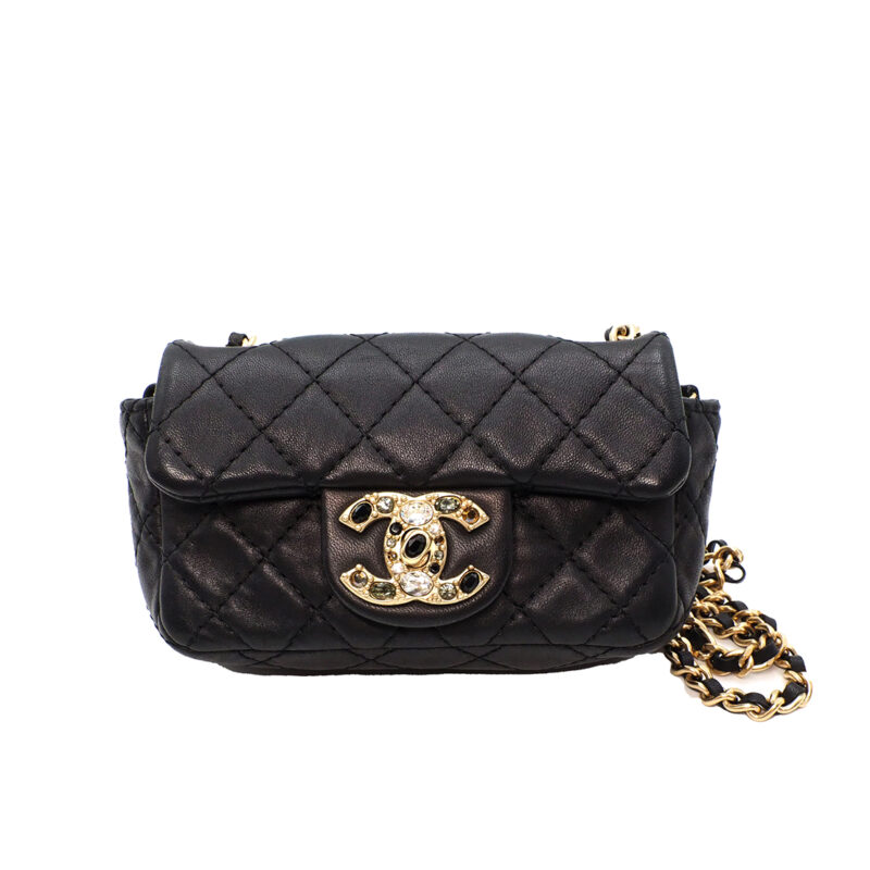Chanel 14674323 Black Distressed Lambskin Quilted Precious Jewel Flap 14cm Crystal CC Chain Crossbody Bag Mat Gold Hardware