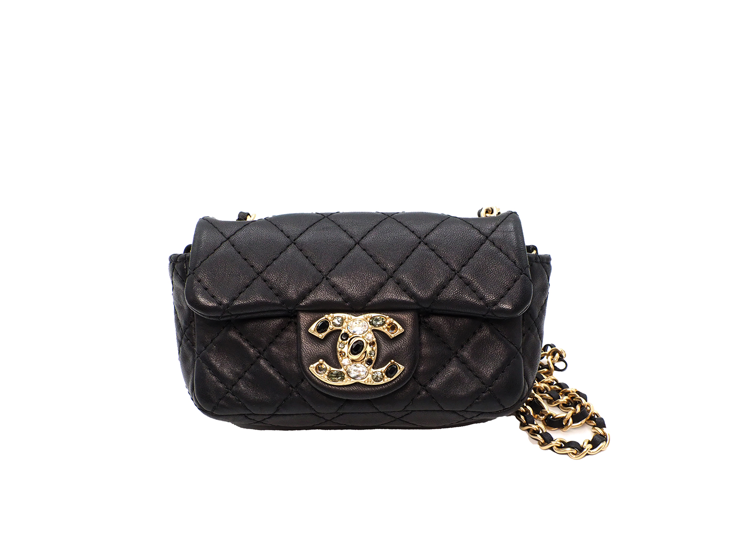 Chanel 14674323 Black Distressed Lambskin Quilted Precious Jewel Flap 14cm Crystal CC Chain Crossbody Bag Mat Gold Hardware