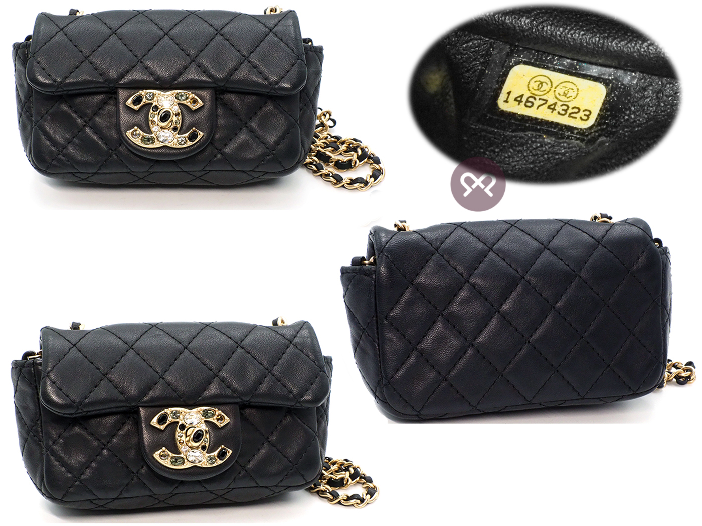 Chanel 14674323 Black Distressed Lambskin Quilted Precious Jewel Flap 14cm Crystal CC Chain Crossbody Bag Mat Gold Hardware - Image 2