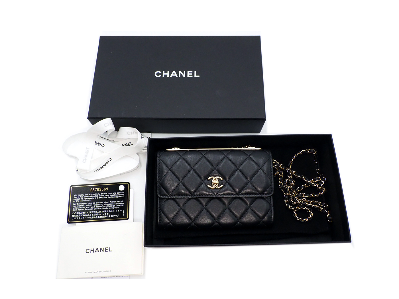 BRAND NEW ! Chanel 26703569 A84455Y Black Lambskin Quilted Mini Trendy CC Wallet On Chain WOC