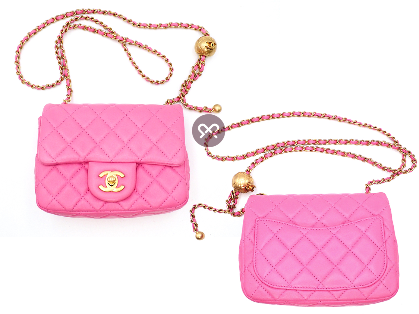 Full Set ! Chanel 30144973 AS1786B Bubble Gum Pink Lambskin CC logo Mini Square Flap Pearl Crush Chain Crossbody Bag Brushed Gold Hardware - Image 4