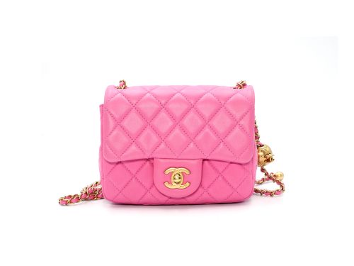Full Set ! Chanel 30144973 AS1786B Bubble Gum Pink Lambskin CC logo Mini Square Flap Pearl Crush Chain Crossbody Bag Brushed Gold Hardware