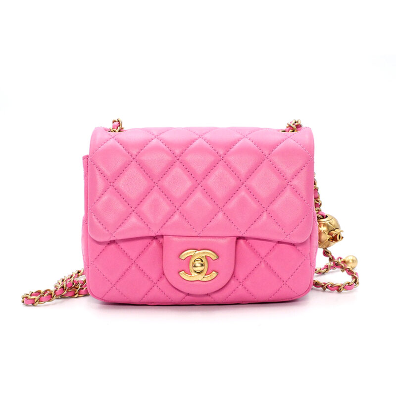 Full Set ! Chanel 30144973 AS1786B Bubble Gum Pink Lambskin CC logo Mini Square Flap Pearl Crush Chain Crossbody Bag Brushed Gold Hardware