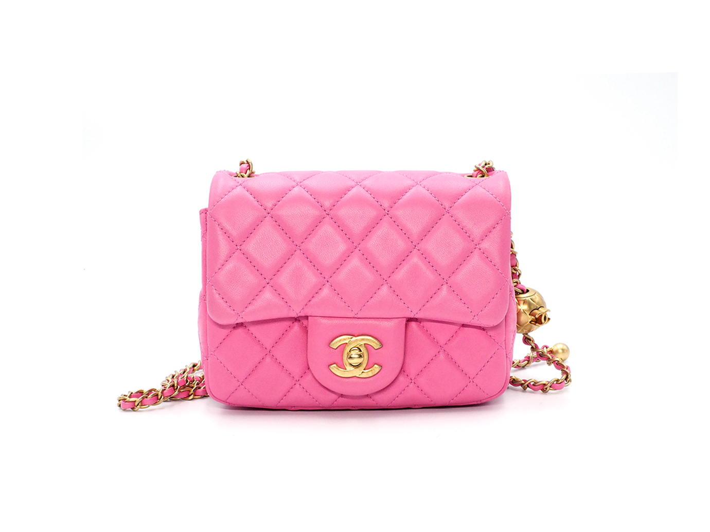 Full Set ! Chanel 30144973 AS1786B Bubble Gum Pink Lambskin CC logo Mini Square Flap Pearl Crush Chain Crossbody Bag Brushed Gold Hardware