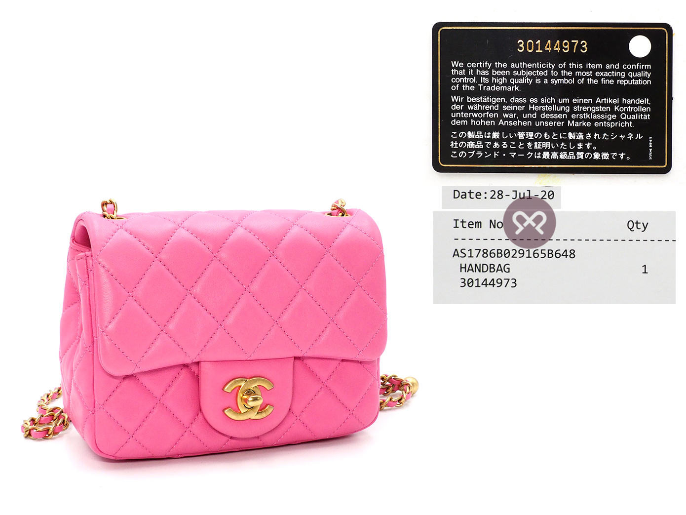 Full Set ! Chanel 30144973 AS1786B Bubble Gum Pink Lambskin CC logo Mini Square Flap Pearl Crush Chain Crossbody Bag Brushed Gold Hardware - Image 3