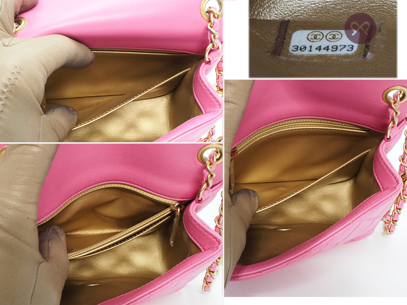 Full Set ! Chanel 30144973 AS1786B Bubble Gum Pink Lambskin CC logo Mini Square Flap Pearl Crush Chain Crossbody Bag Brushed Gold Hardware - Image 8