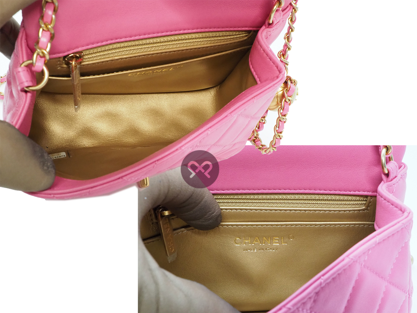 Full Set ! Chanel 30144973 AS1786B Bubble Gum Pink Lambskin CC logo Mini Square Flap Pearl Crush Chain Crossbody Bag Brushed Gold Hardware - Image 9