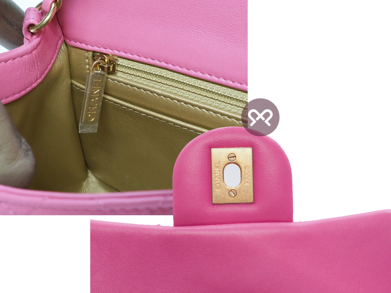 Full Set ! Chanel 30144973 AS1786B Bubble Gum Pink Lambskin CC logo Mini Square Flap Pearl Crush Chain Crossbody Bag Brushed Gold Hardware - Image 7