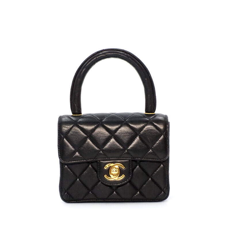 Chanel  Black Lambskin 14cm Vintage Leather Top Handle Kelly Flap Tote Bag Gold Hardware