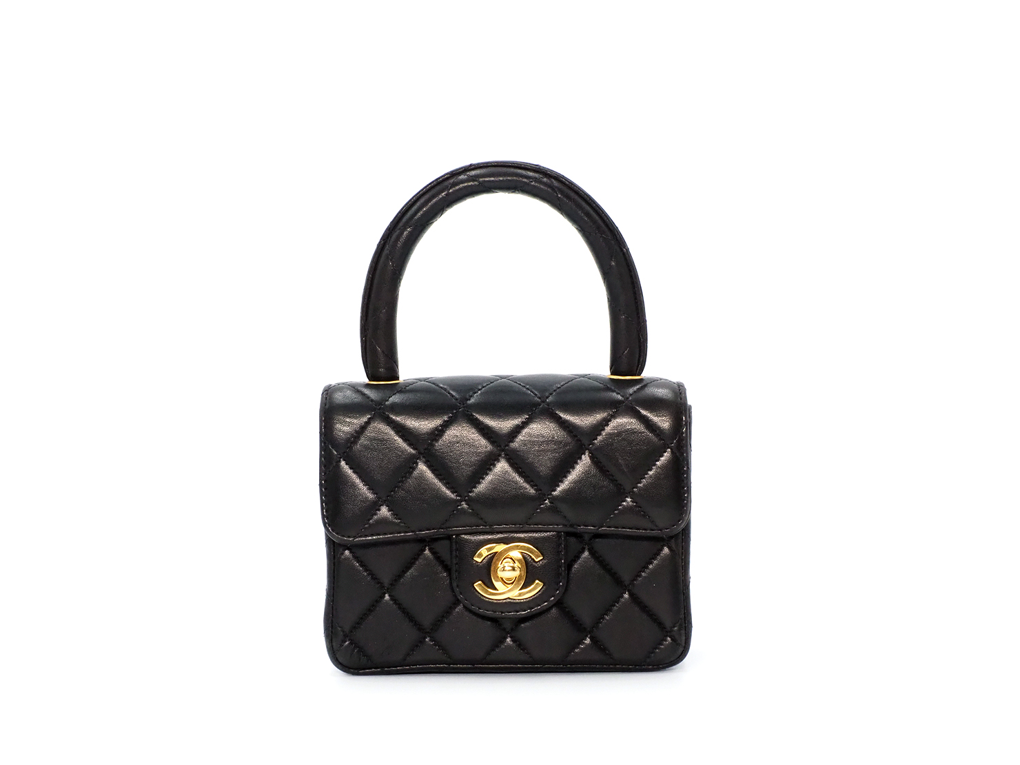Chanel Black Lambskin 14cm Vintage Leather Top Handle Kelly Flap Tote Bag Gold Hardware