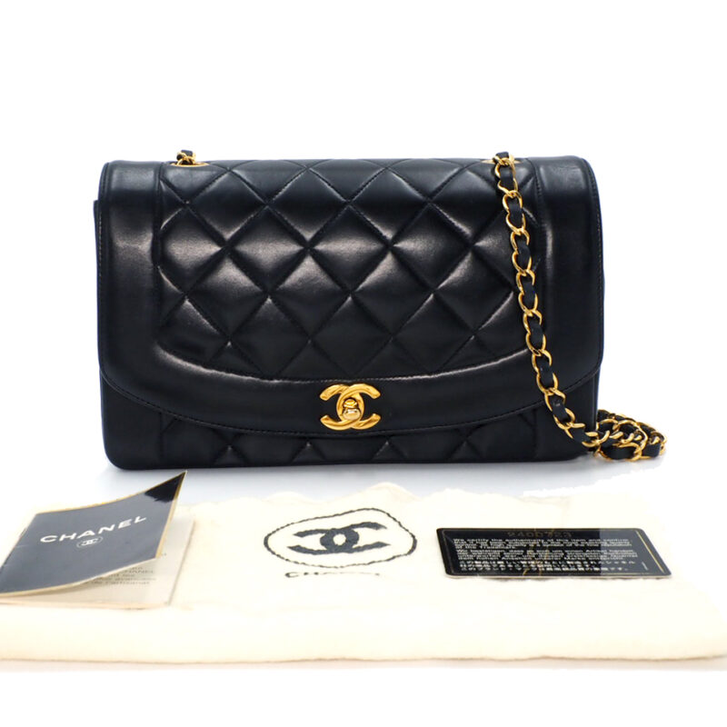 Chanel 2400723 Vintage 25cm Black Lambskin Quilted Diana Flap Bag Gold Hardware