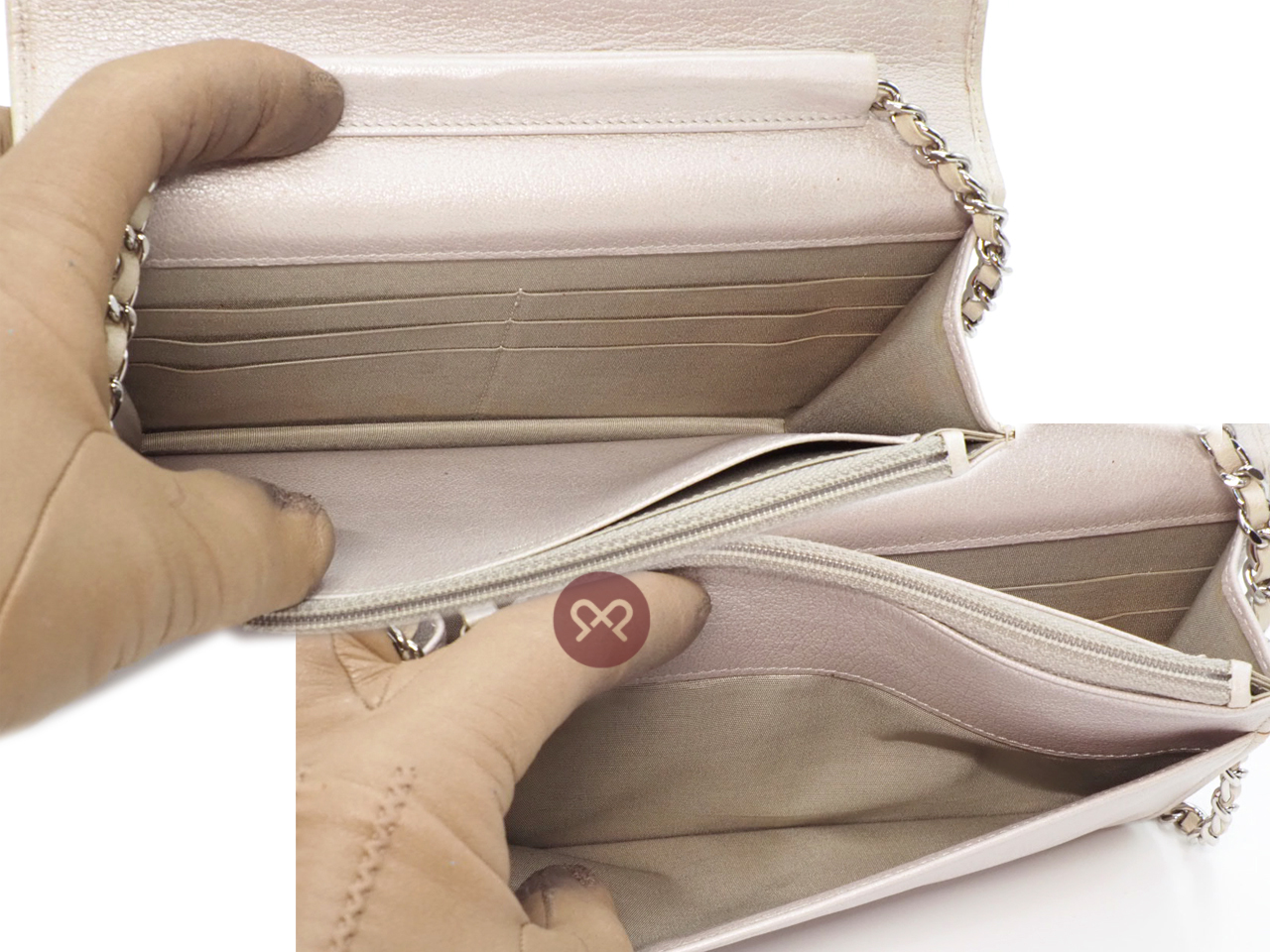 Chanel 14130328 Jacket Motif Embossed CC Silver Pearl Lambskin Quilted Wallet on Chain WOC - Image 12