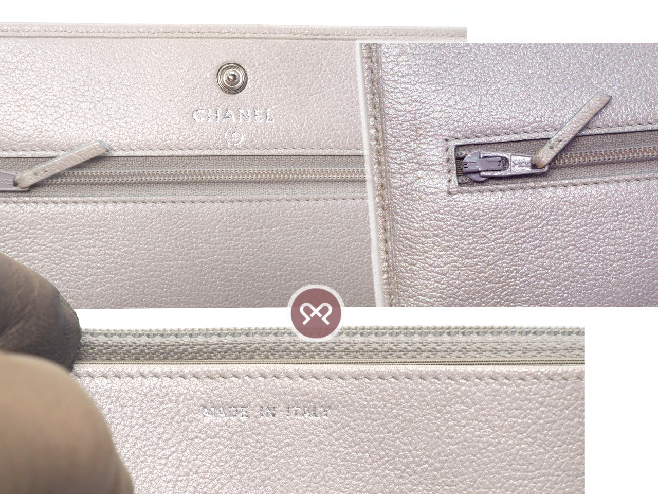 Chanel 14130328 Jacket Motif Embossed CC Silver Pearl Lambskin Quilted Wallet on Chain WOC - Image 8
