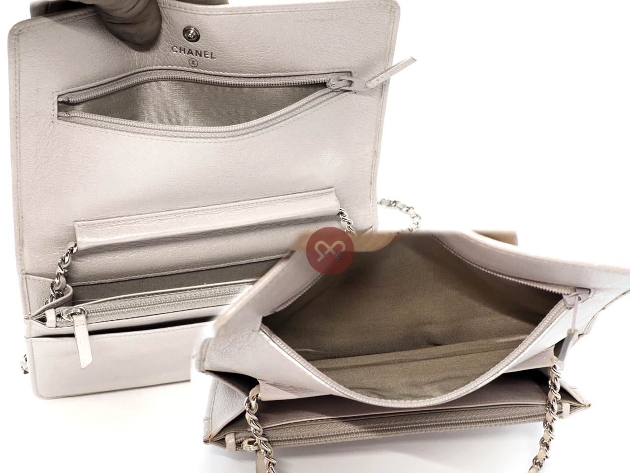 Chanel 14130328 Jacket Motif Embossed CC Silver Pearl Lambskin Quilted Wallet on Chain WOC - Image 11