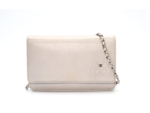 Chanel 14130328 Jacket Motif Embossed CC Silver Pearl Lambskin Quilted Wallet on Chain WOC