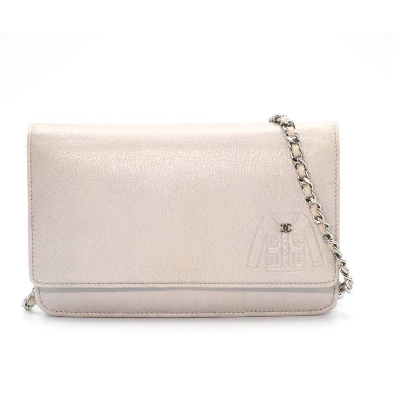 Chanel 14130328 Jacket Motif Embossed CC Silver Pearl Lambskin Quilted Wallet on Chain WOC