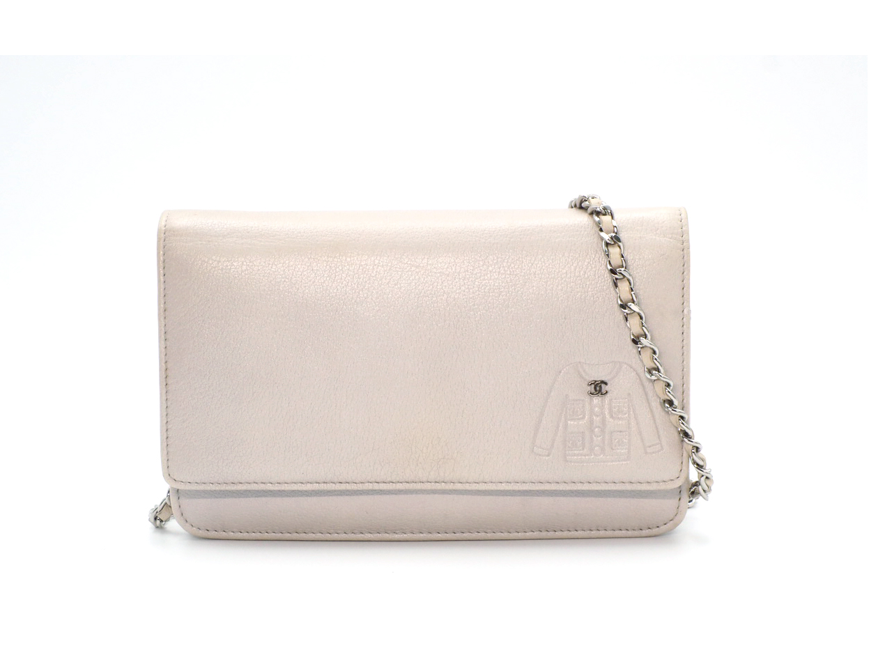 Chanel 14130328 Jacket Motif Embossed CC Silver Pearl Lambskin Quilted Wallet on Chain WOC