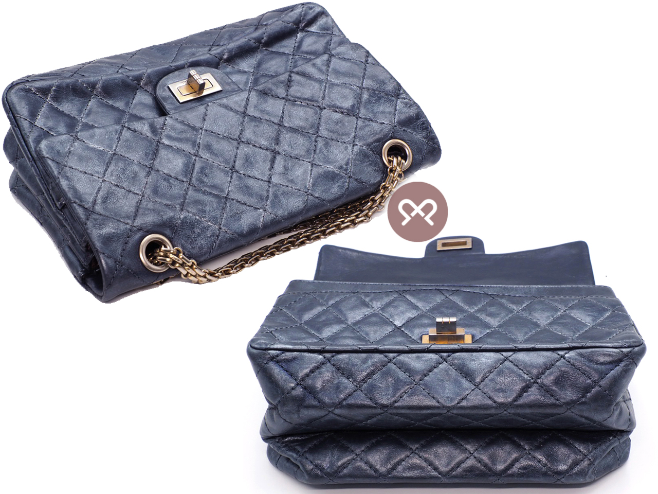 Chanel 12010477 Quilted Crinkled Metallic Blue 2.55 Reissue 24cm Medium 2C Gold Tone Hardware - Image 4
