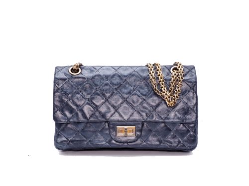 Chanel 12010477 Quilted Crinkled Metallic Blue 2.55 Reissue 24cm Medium 2C Gold Tone Hardware