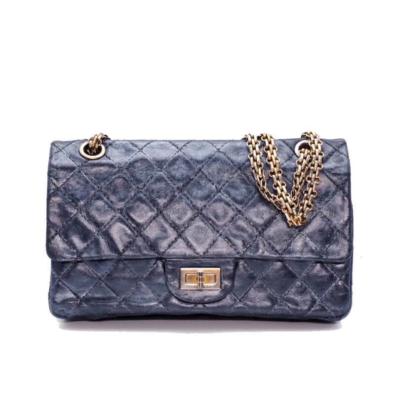 Chanel 12010477 Quilted Crinkled Metallic Blue 2.55 Reissue 24cm Medium 2C Gold Tone Hardware