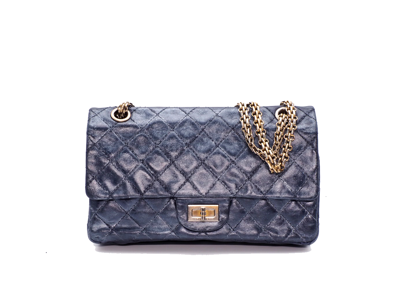 Chanel 12010477 Quilted Crinkled Metallic Blue 2.55 Reissue 24cm Medium 2C Gold Tone Hardware