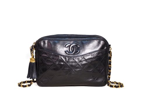 Chanel 0871207 23cm Vintage Black Matelasse Quilted Lambskin Camera Chain Crossbody Bag