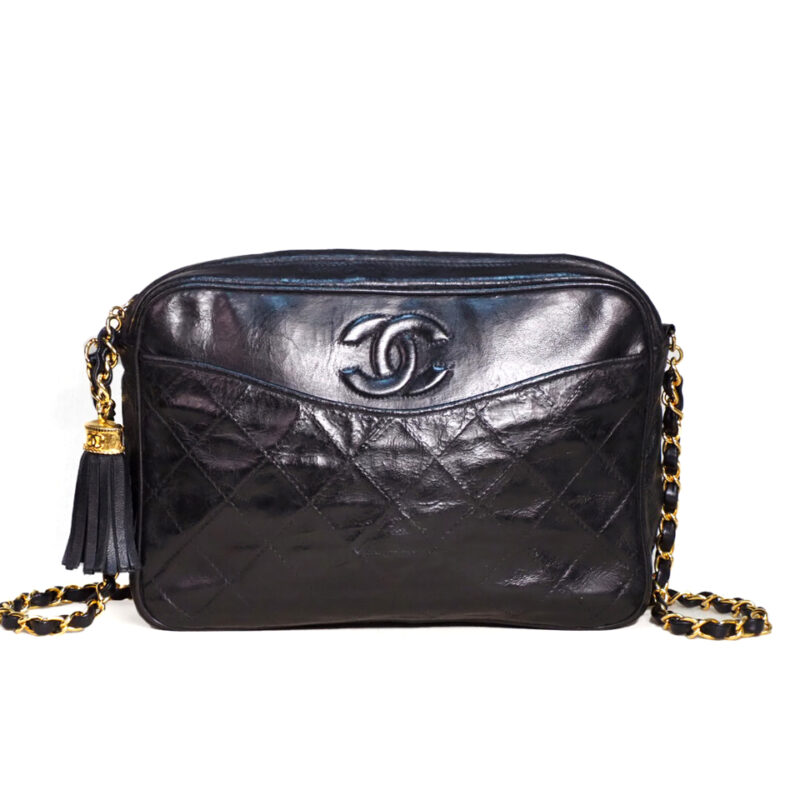 Chanel 0871207 23cm Vintage Black Matelasse Quilted Lambskin Camera Chain Crossbody Bag