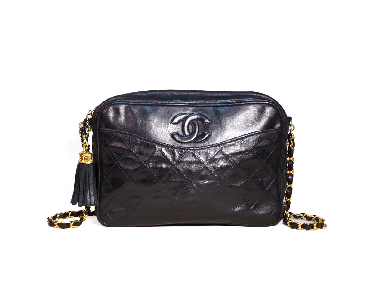 Chanel 0871207 23cm Vintage Black Matelasse Quilted Lambskin Camera Chain Crossbody Bag
