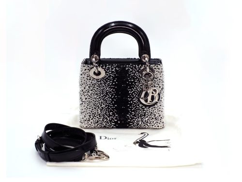 Dior LIMTED EDITION Black Patent Calf Leather / White Sequin Lady Dior Mini Bag Palladium Hardware