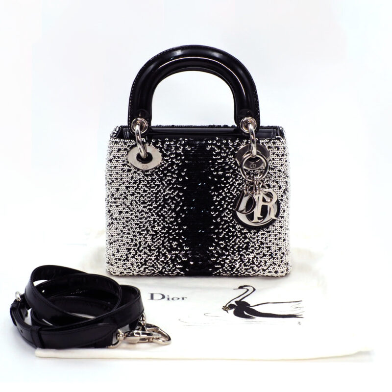 Dior LIMTED EDITION Black Patent Calf Leather / White Sequin Lady Dior Mini Bag Palladium Hardware