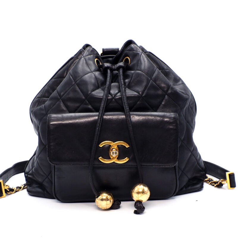 Chanel 1994 Vintage Black Lambskin Timeless Drawstring Bucket Backpack Gold Hardware