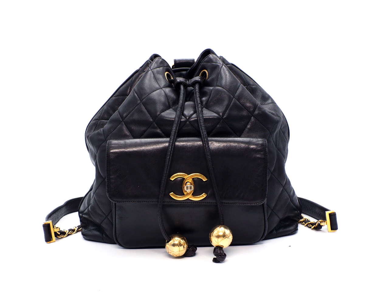Chanel 1994 Vintage Black Lambskin Timeless Drawstring Bucket Backpack Gold Hardware