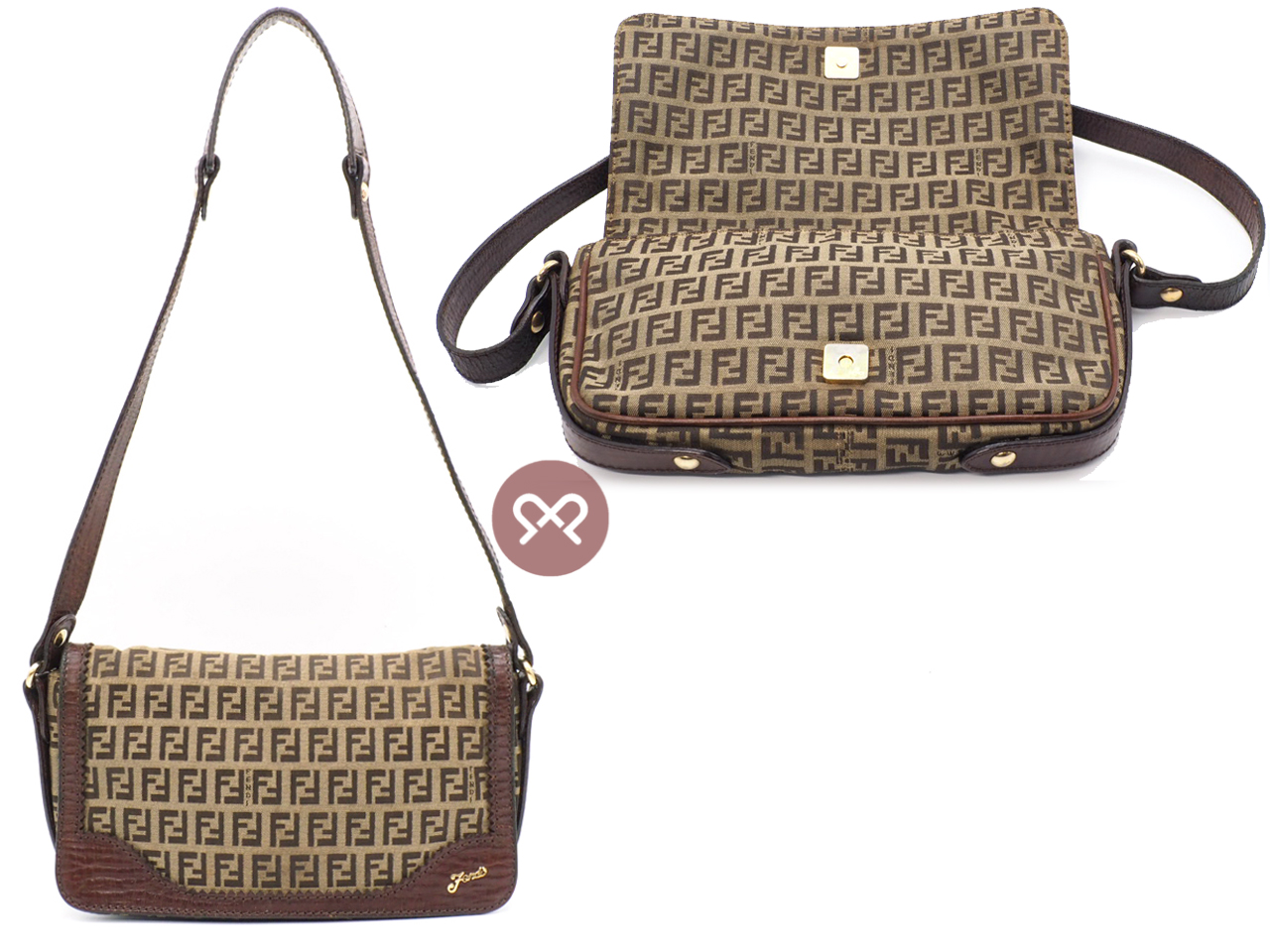 Fendi 8BT101 Zucchino Beige/ Brown Signature FF Canvas Flap Shoulder Bag - Image 5