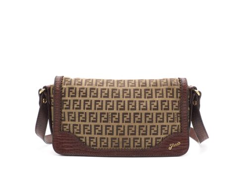 Fendi 8BT101 Zucchino Beige/ Brown Signature FF Canvas Flap Shoulder Bag