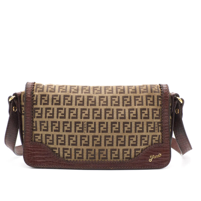 Fendi 8BT101 Zucchino Beige/ Brown Signature FF Canvas Flap Shoulder Bag
