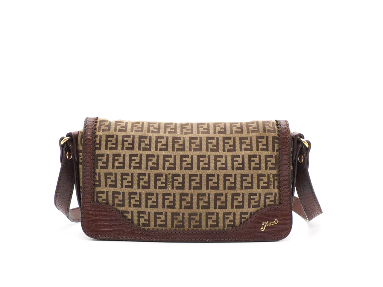 Fendi 8BT101 Zucchino Beige/ Brown Signature FF Canvas Flap Shoulder Bag