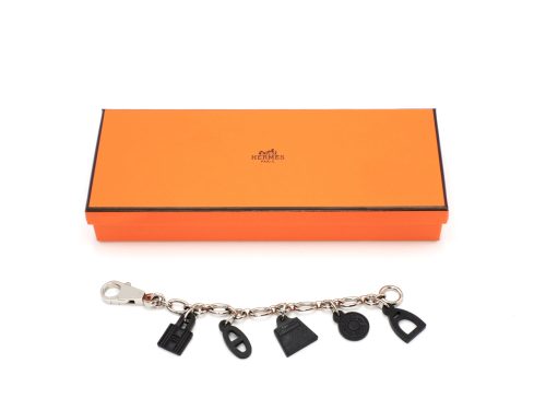 Hermes Amulet 5 Bag Charm Keychain Black/ Silver Vau Barenia Leather Stainless Steel/ Bracelet