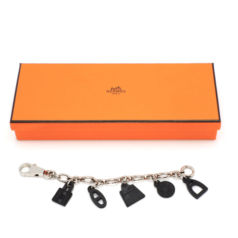Hermes Amulet 5 Bag Charm Keychain Black/ Silver Vau Barenia Leather Stainless Steel/ Bracelet