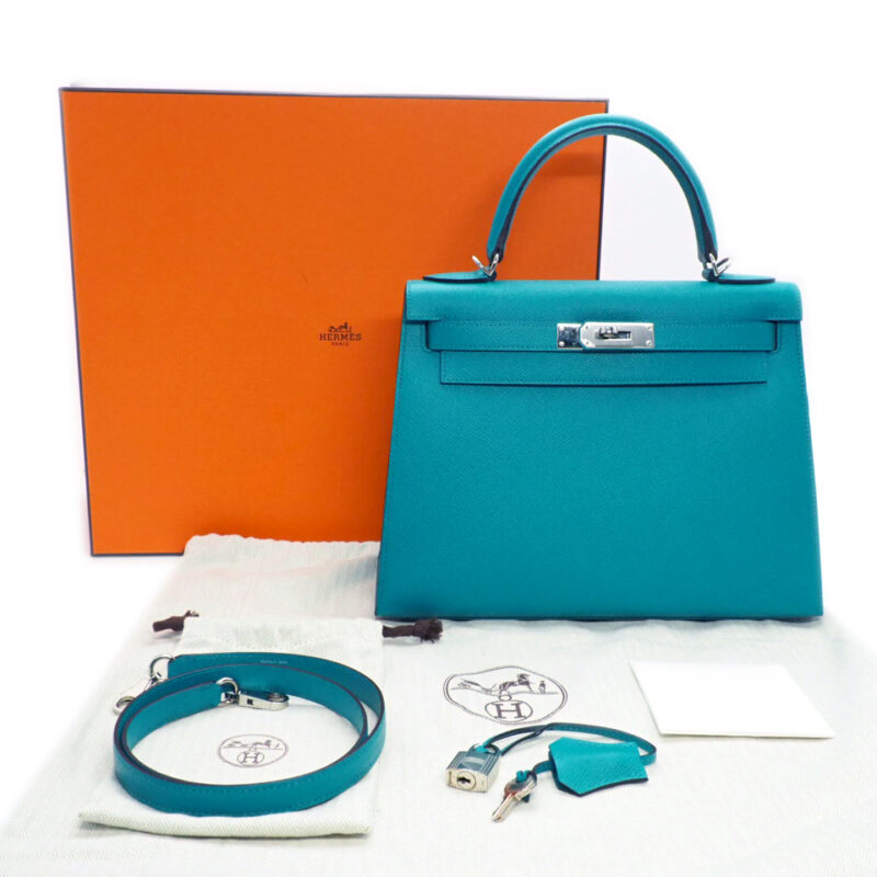 Hermes Kelly 28 Sellier Teal/ Vert Verone Epsom Leather X Stamp Palladium Hardware
