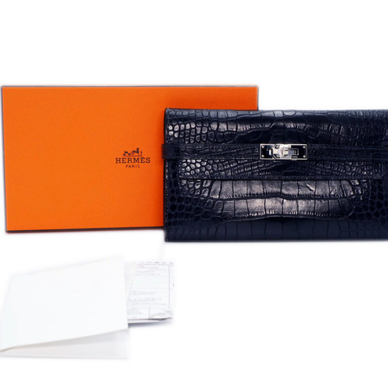 Hermes Shiny Indigo Blue Alligator SLG Kelly Wallet Q Stamp Palladium Hardware