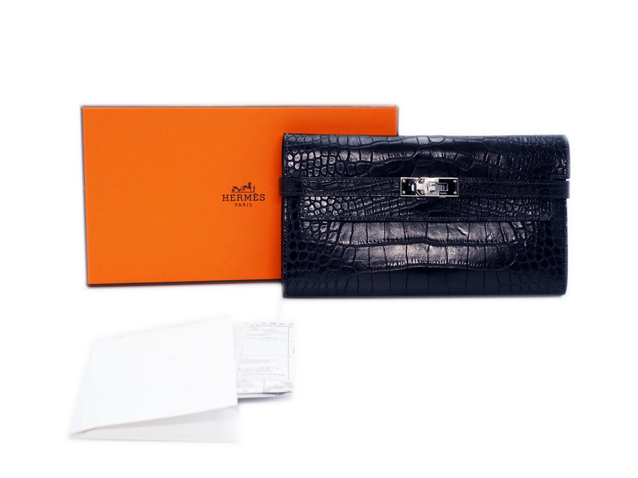 Hermes Shiny Indigo Blue Alligator SLG Kelly Wallet Q Stamp Palladium Hardware