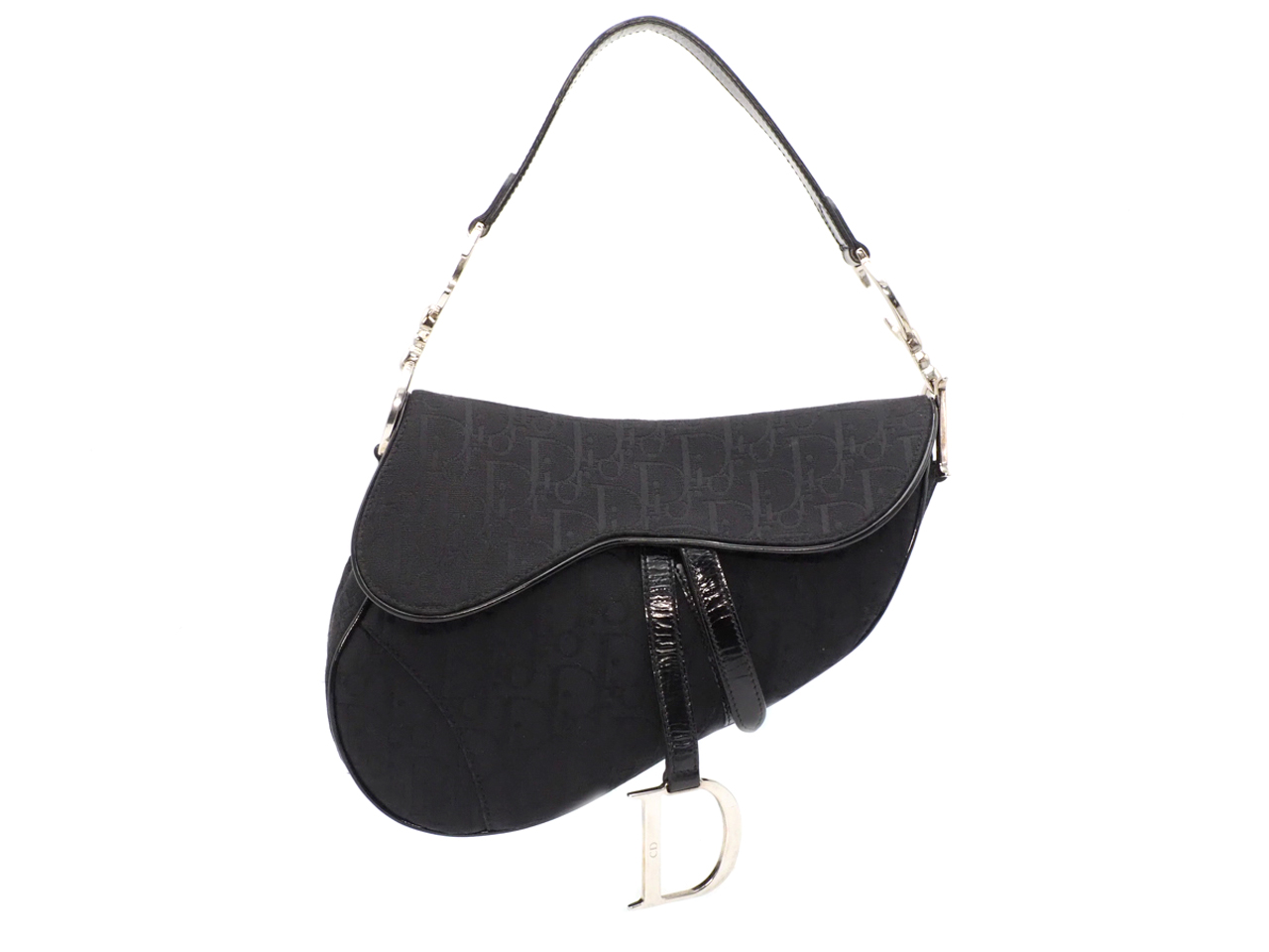 Dior Black Patent Leather with Diorrissimo Monogram Classic Trotter Saddle Bag Silver Hardware