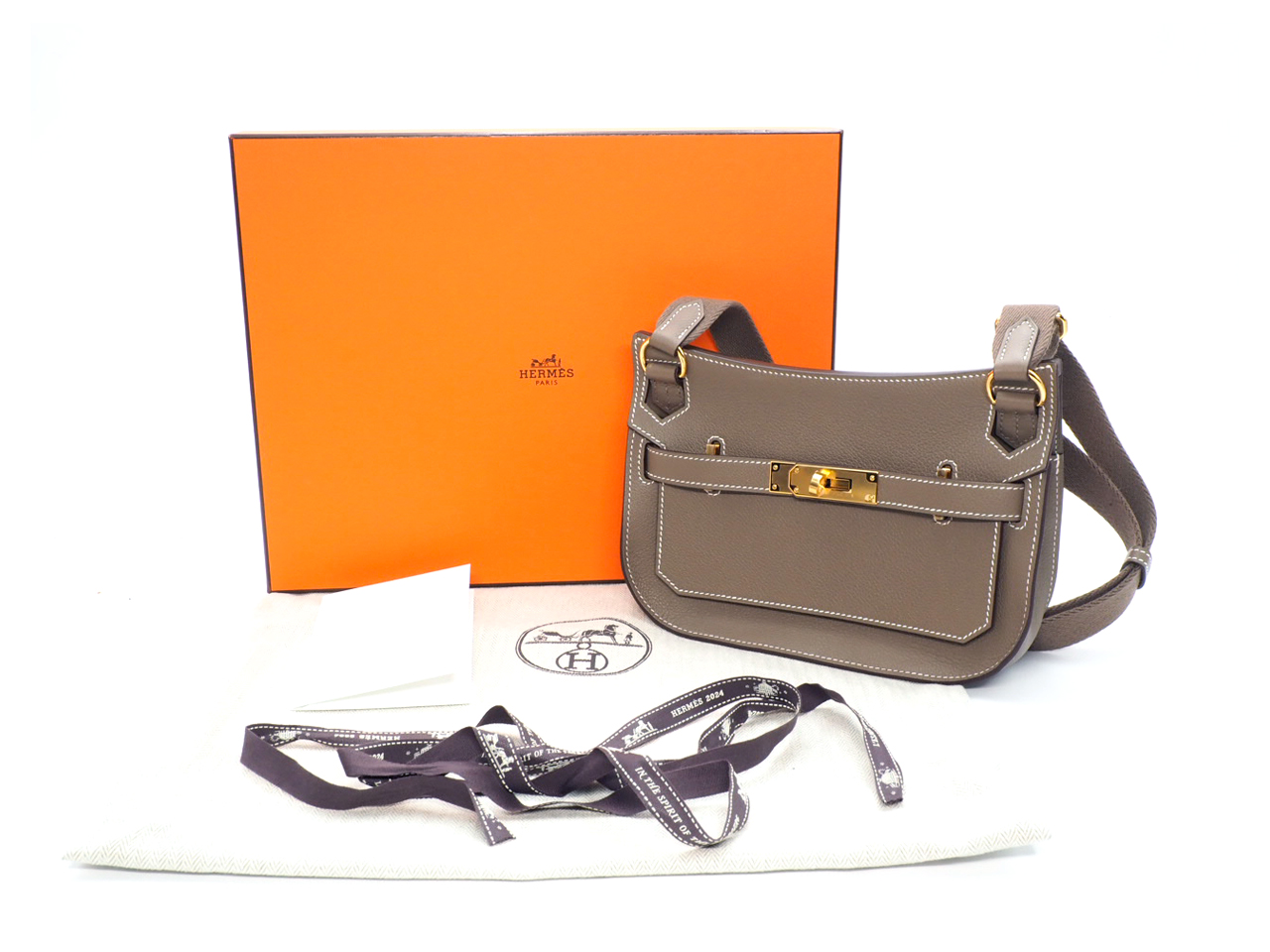 Brand New ! Hermes Jypsiere Mini Evercolor/ Sangle Wooly Etoupe/ Etoupe Gold Hardware