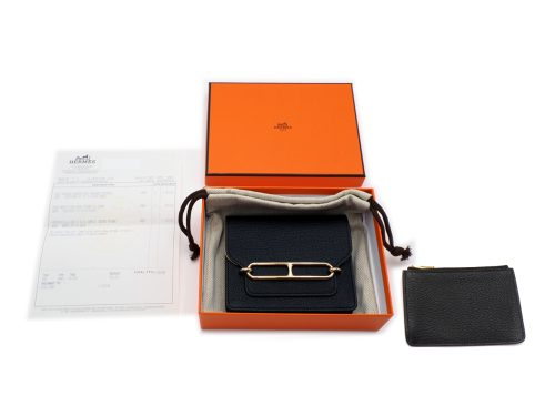 BRAND NEW ! Hermes Black Roulis Slim Mysore Leather Compact Wallet/ Waist Pouch Gold Hardware