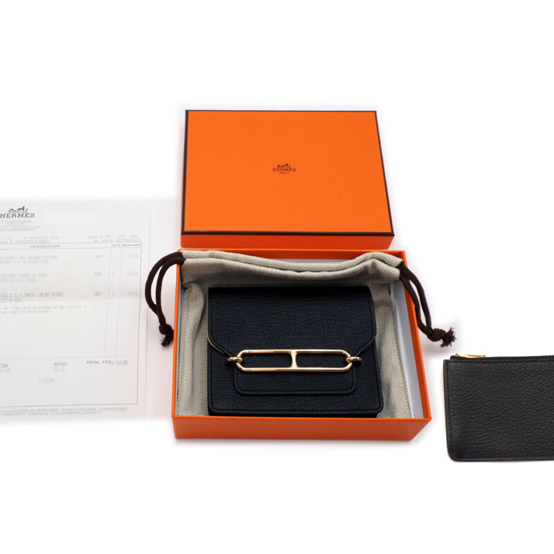 BRAND NEW ! Hermes Black Roulis Slim Mysore Leather Compact Wallet/ Waist Pouch Gold Hardware
