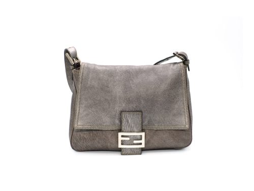 Fendi 8BR0011 Elephant Grey Distressed Leather Mamma Baguette Flap Large Hobo Bag