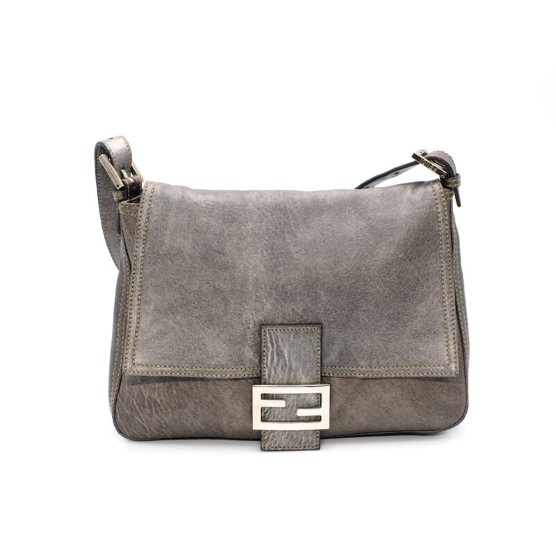 Fendi 8BR0011 Elephant Grey Distressed Leather Mamma Baguette Flap Large Hobo Bag