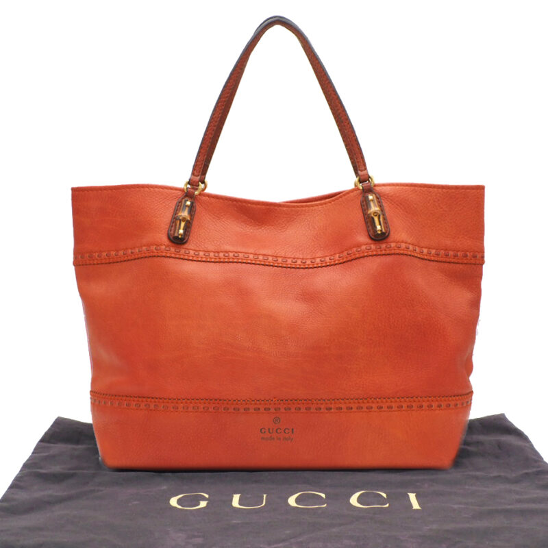 Gucci 339000 Orange Calfskin Medium Laidback Crafty Tote Bamboo Shopping Bag