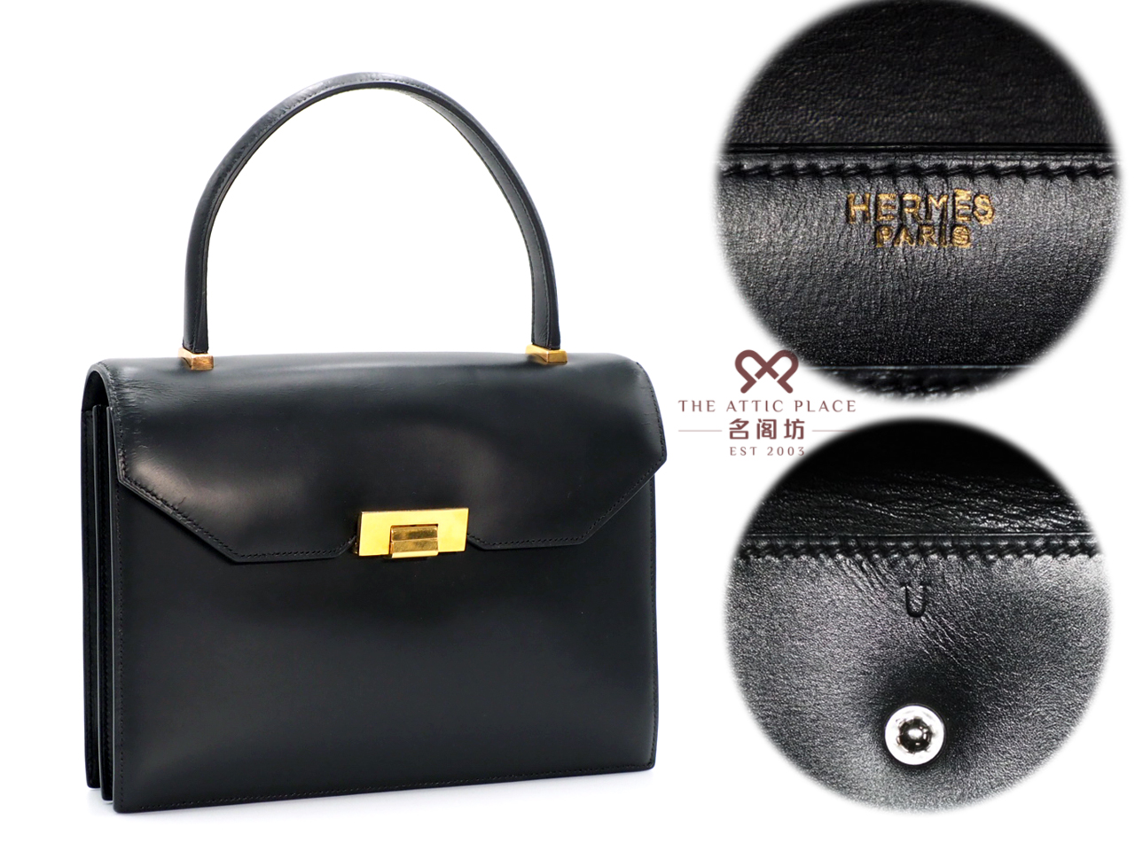 Hermes Vintage Black Box Calf Sac Palermo U Stamp Gold Hardware Tote Bag - Image 2