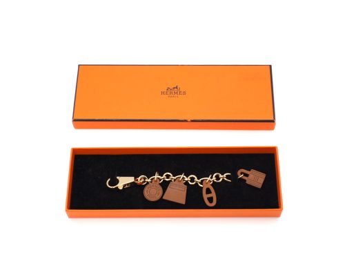 Hermes Olga Amulet 4 Bag Charm Keychain Brown/ Fauve Vau Barenia Leather Gold / Bracelet